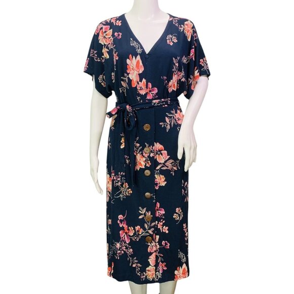 J.Jill Women’s Blue Floral Midi Dress Petite Small Dolman Sleeve Knit Stretch - Picture 2 of 12